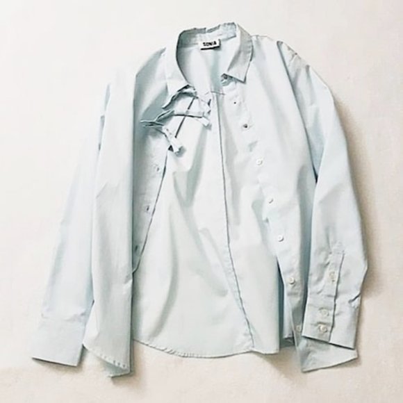 SONIA RYKIEL 100% Cotton Light Blue Pretty Triple Bow Blouse Top Button Collar - Picture 6 of 12